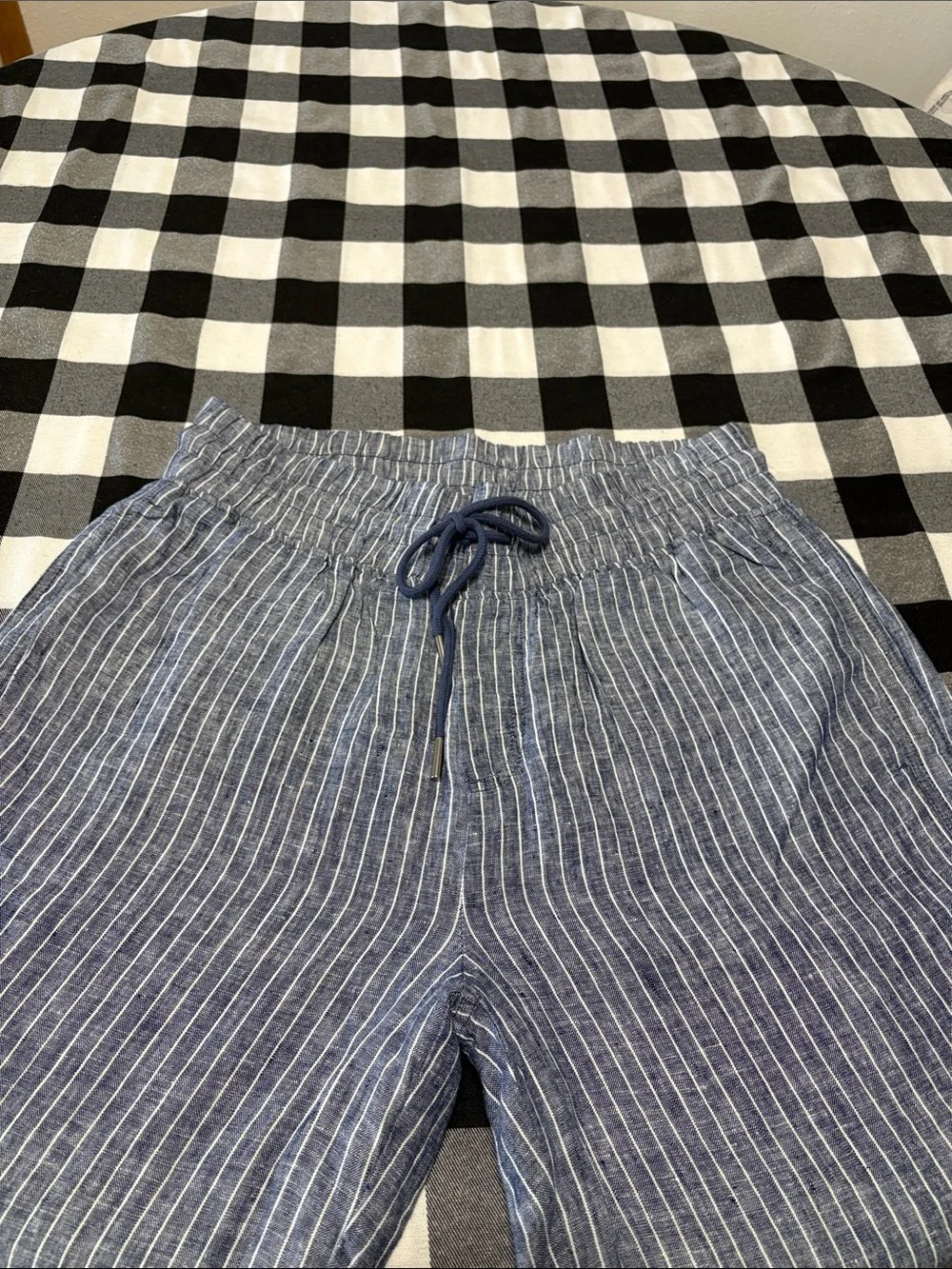 Quince Blue White Stripe Wide Leg Chambray Linen Pants Womens Large Pull On Crop